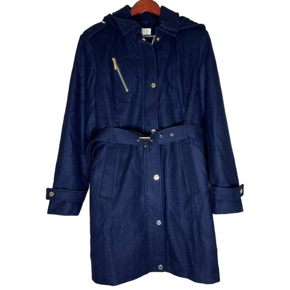 NWT Michael Kors Navy Wool Blend Belted Hooded Coat US 16